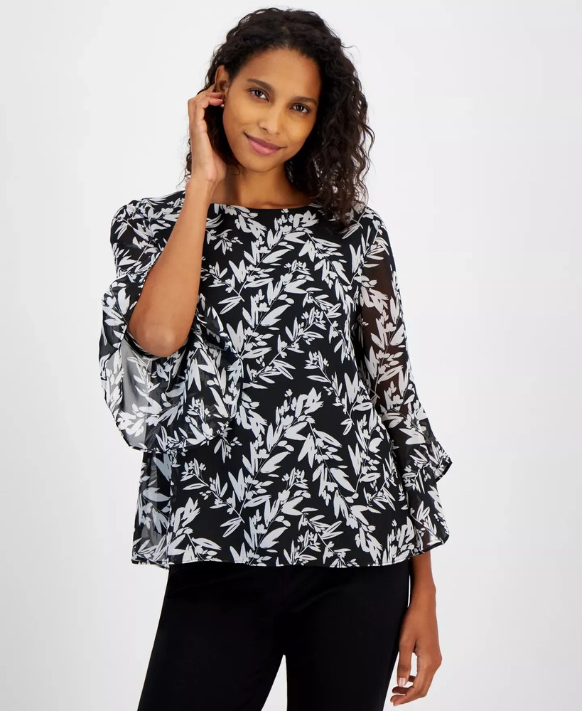 Kasper Women's Top Petite PS Printed Crewneck Bell-Sleeve Blouse