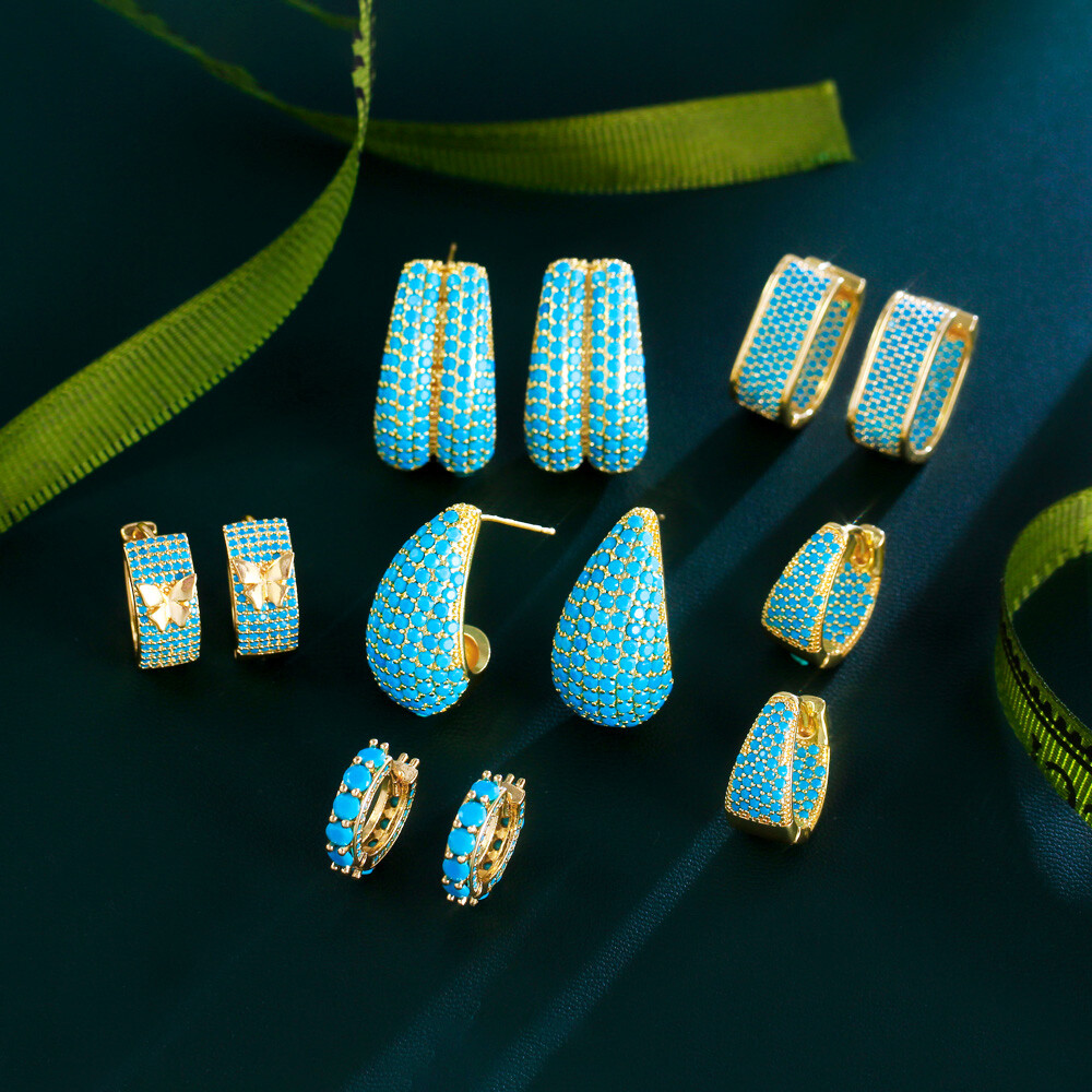 Turquoise Beaded Blue Hoop Earrings for Brides in Yellow Gold Plated Finish