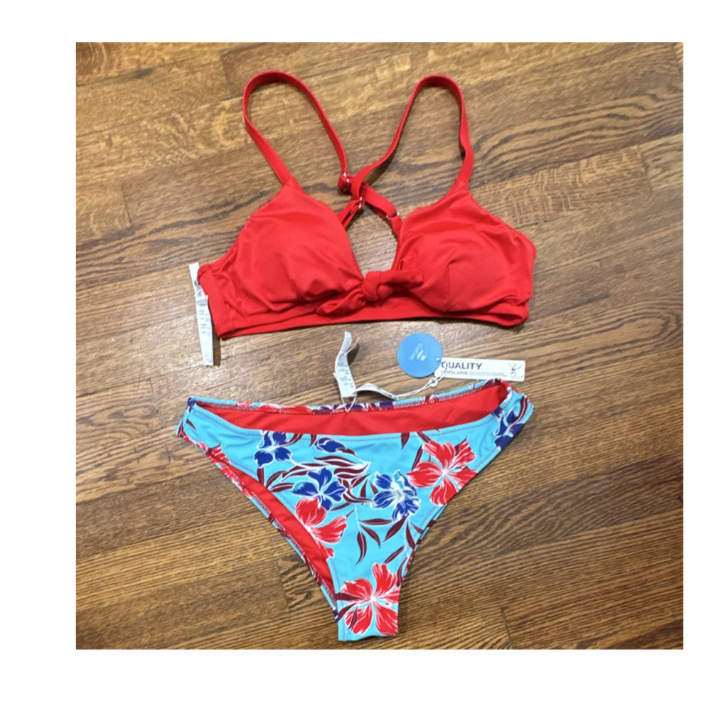 Cupshe Red Blue Floral Bikini Set Adjustable Straps Bow Accent Women’s Swimwear