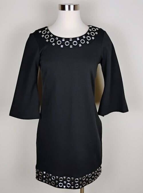 Black Mod Dress Size S with Flared Sleeves Midi Metal Accent Cocktail Artsy Roulette Style
