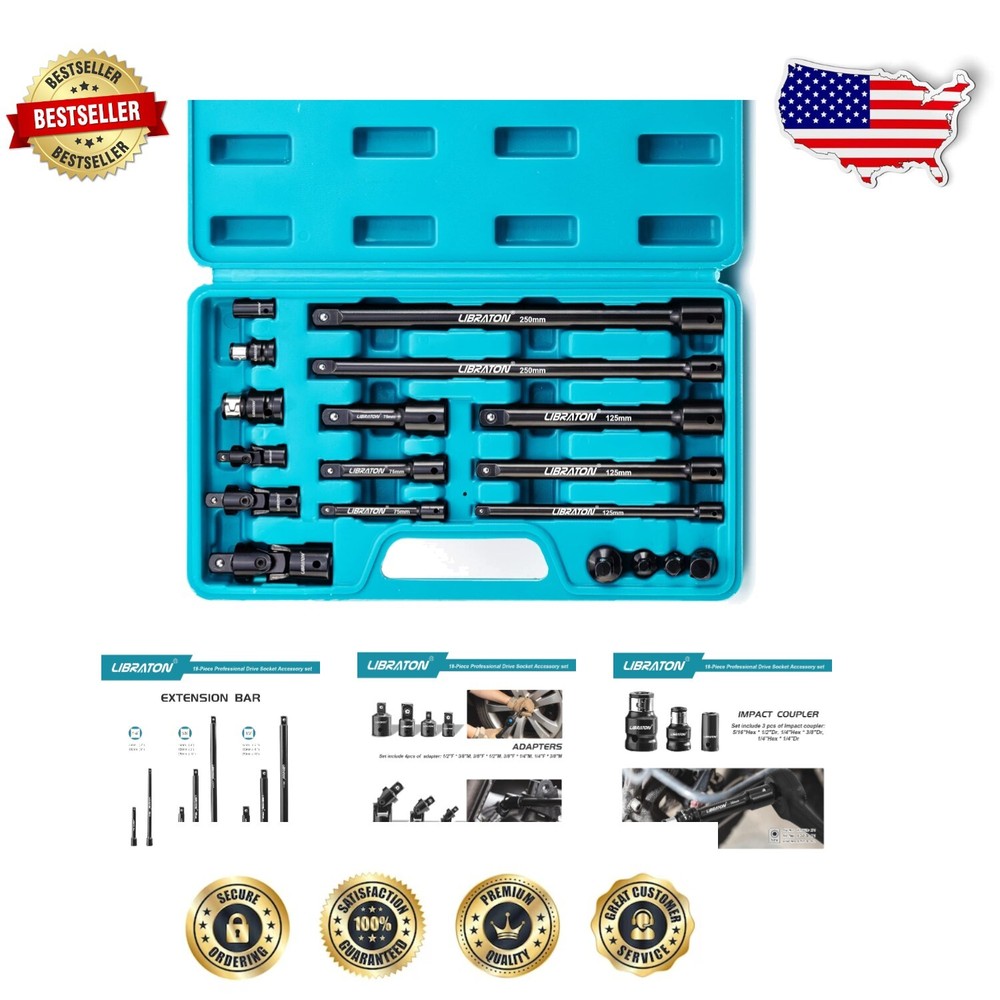 Impact Socket Extension Set with Universal Joints - 18PC Drive Accessories