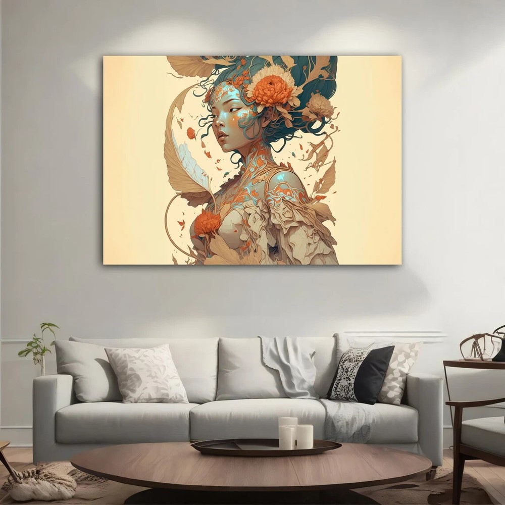 Beige Asian Woman Modern Ethnic Floral Unframed Canvas Print Australian Wall Art