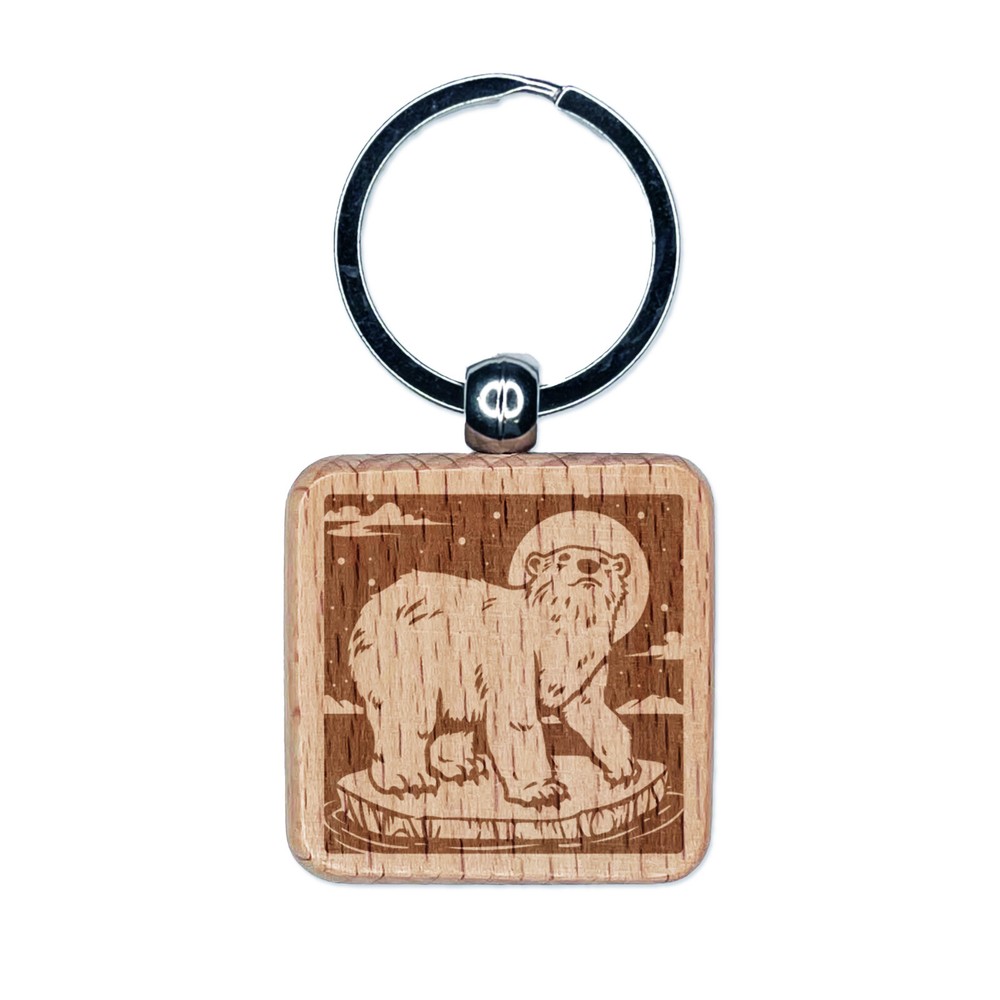 Polar Bear Chilling on Iceberg Engraved Wood Square Keychain Tag Charm