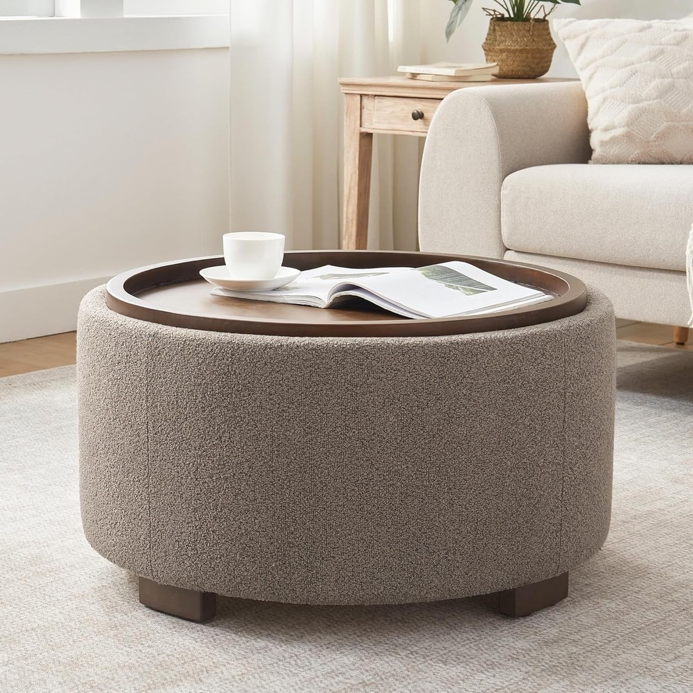 30 Inch Round Storage Ottoman Coffee Table, Modern Boucle Ottoman with Lift-Off