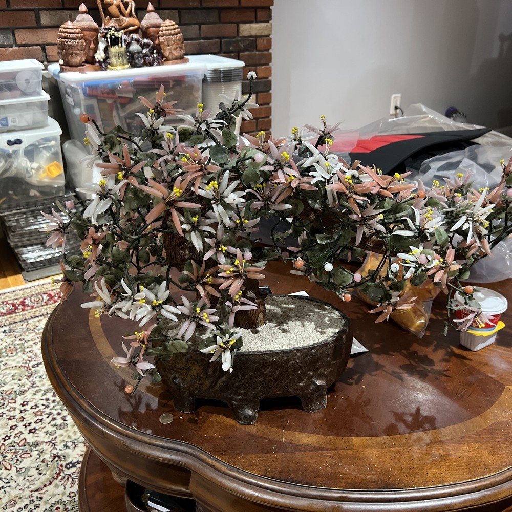 Large Chinese Jade Quartz Stone Glass Flower Bonsai Tree Vintage