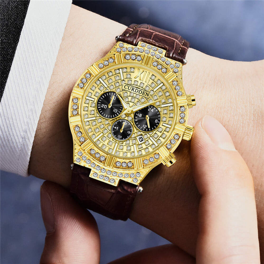 Stylish Diamond-Embedded Men's Quartz Watch with Three Eyes and Fashionable Stra