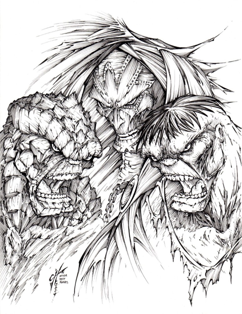 The Thing, Dr. Doom & Hulk. ORIGINAL, B/W, drawing, illustration by Calvin Henio