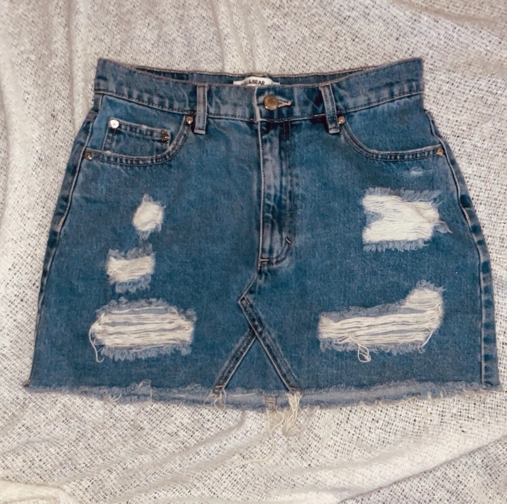 Y2K Distressed Ripped Denim Mini Skirt Womens Medium Pull & Bear