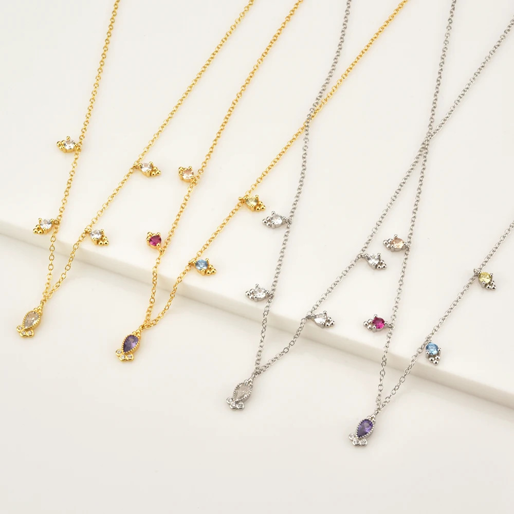 Sterling Silver Gold Ovals Charm Choker 40CM Chain Necklace  Rainbow CZ  Women