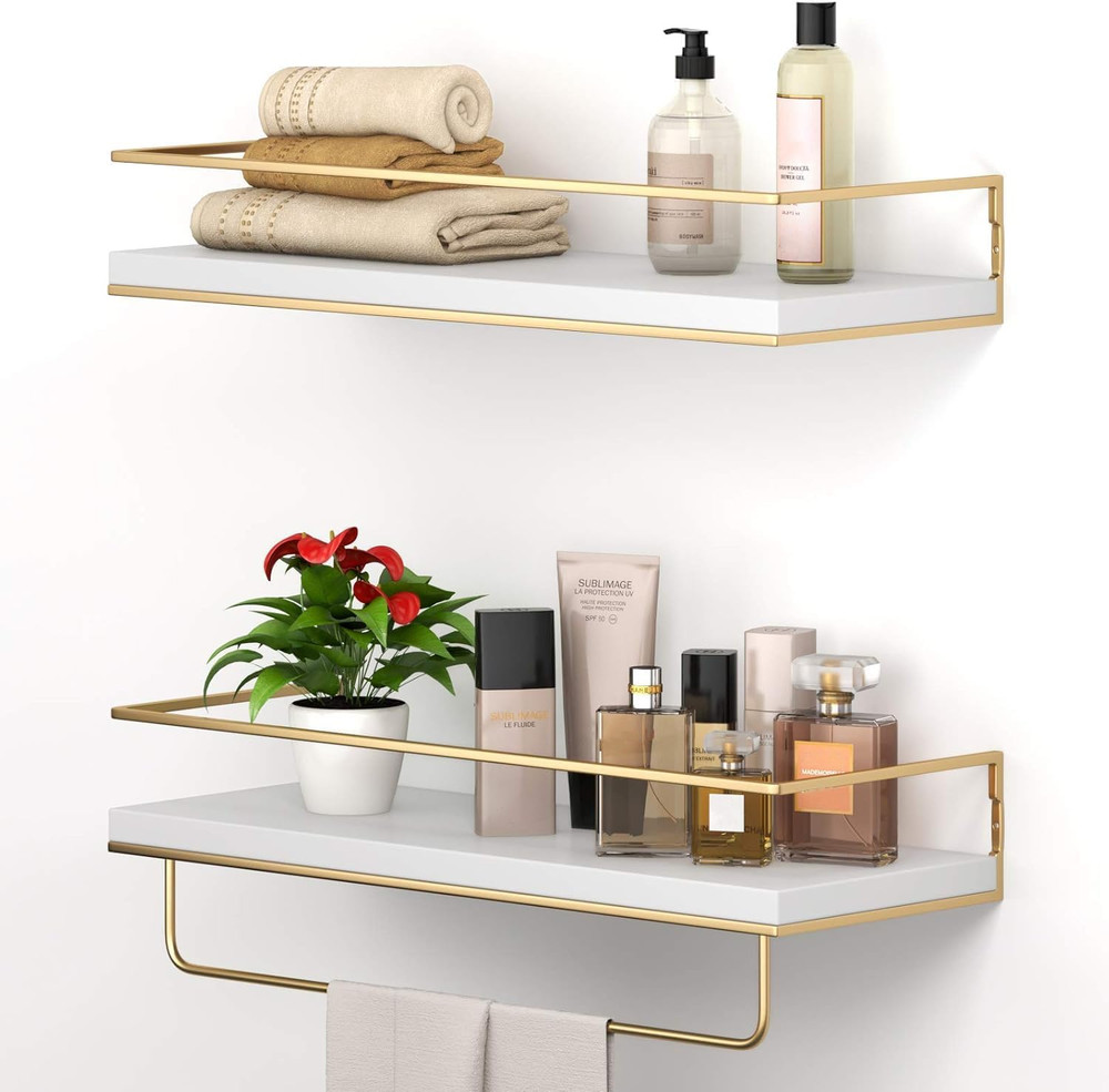 White Floating Shelves - Set of 2, Wall Mounted Hanging Shelves with Golden Towe