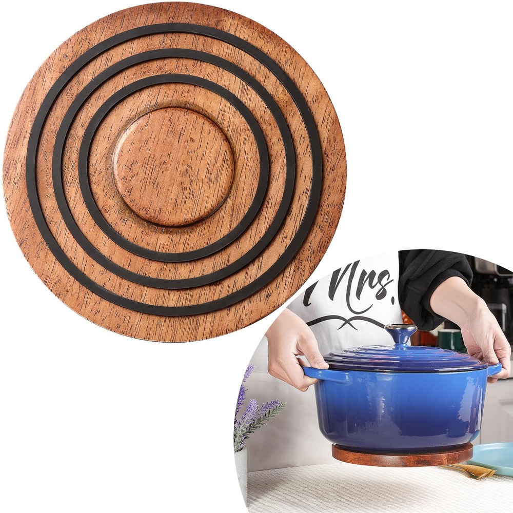Magnetic Wooden Trivet for le creuset Dutch Oven, Acacia Wood with Black Sili...