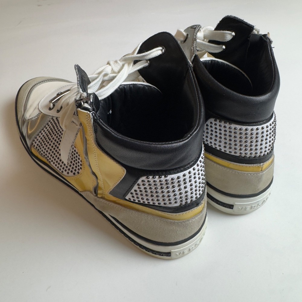 Versace High Top Sneakers Men’s 13 Gray Gold Silver Leather Suede | Designer