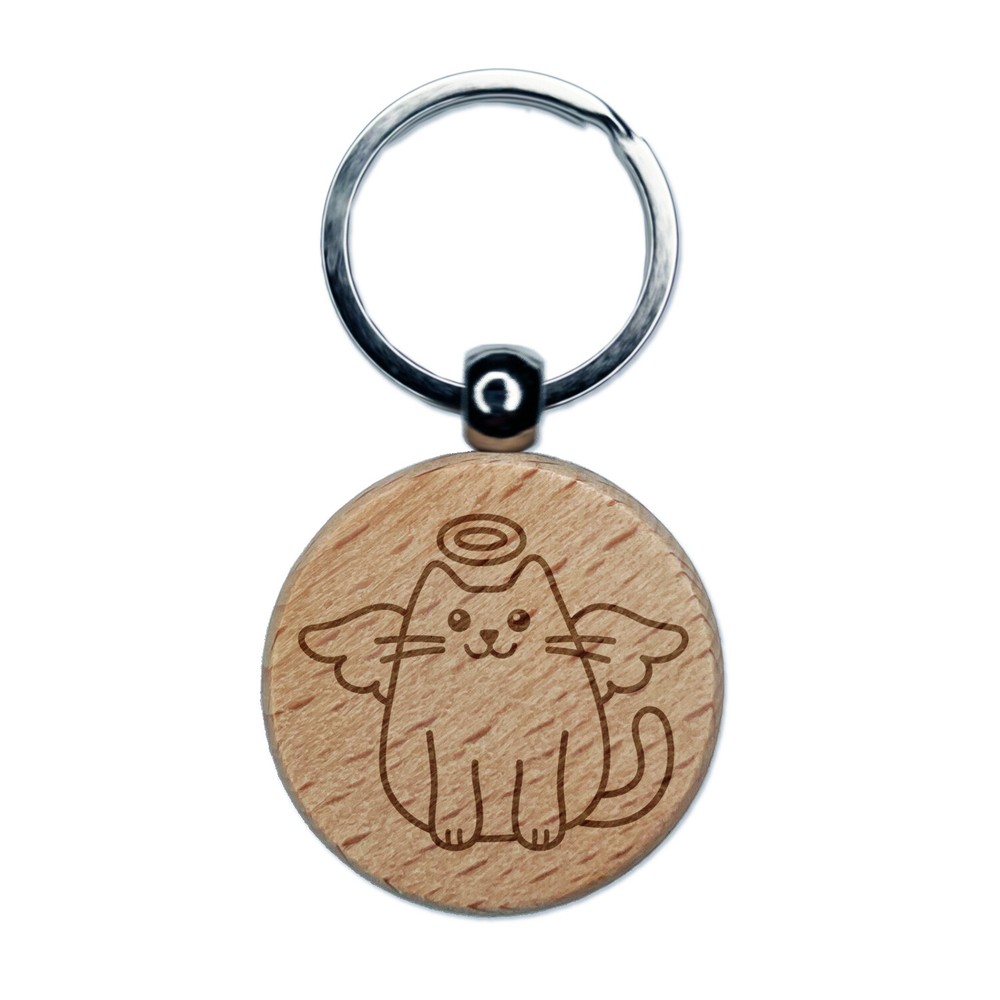 Cat Angel Engraved Wood Round Keychain Tag Charm