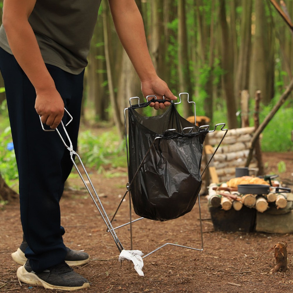 (Silver)Portable Trash Bag Holder Stainless Steel Foldable Garbage Rack FS