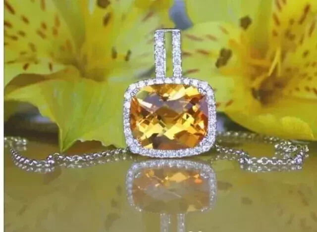 2Ct Cushion Cut Simulated Yellow Citrine Women's Pendant 14K White Gold Plated