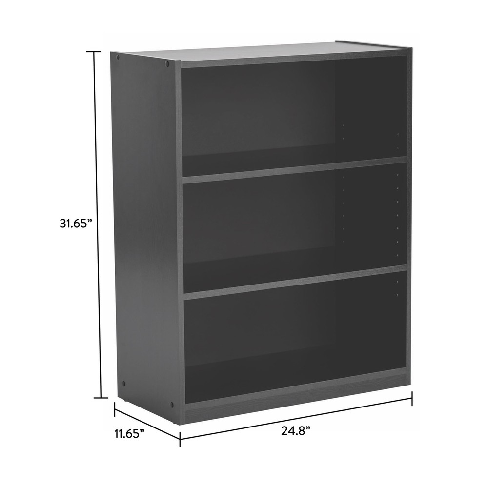 3-Shelf Bookcase with Adjustable Shelves, True Black Oak