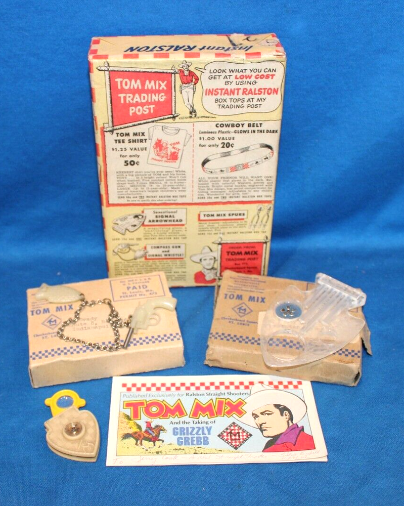 4 VINTAGE TOM MIX CEREAL  PREMIUMS + RALSTON CEREAL BOX W/ADS -ALL XLNT. -1949