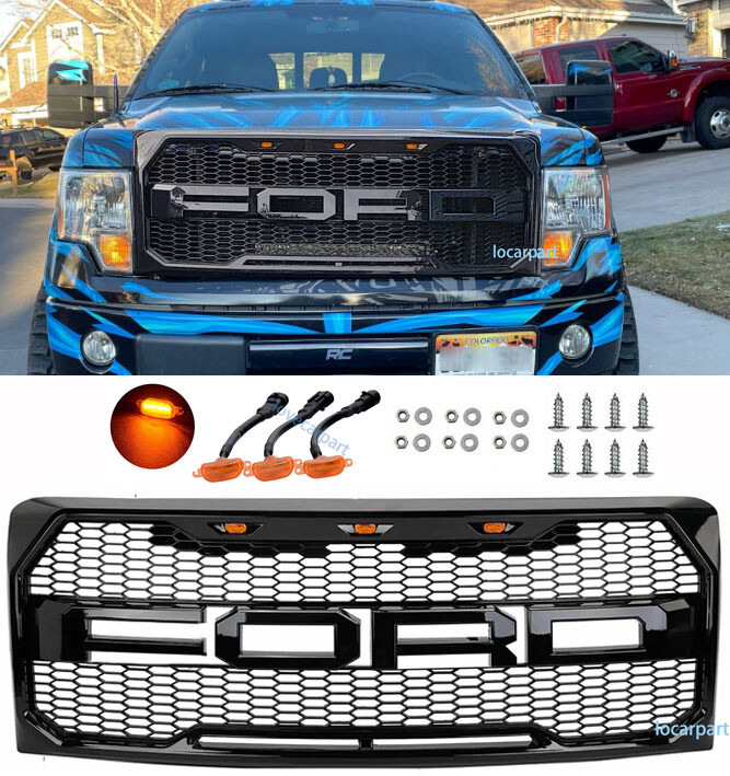 For For-d F150 Grill 2009 2010 2011 12 13 2014 Grille w/Letter&LED Gloss Black