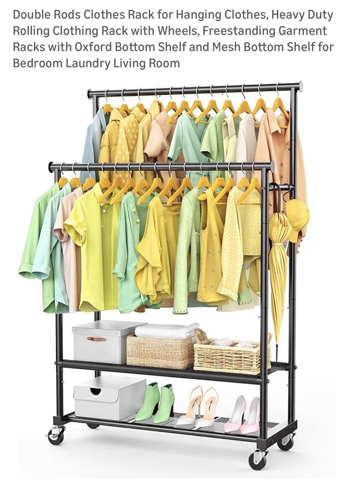 Double Rods Clothes Rack, Rolling Clothing Rack for Hanging Clothes with Hook...