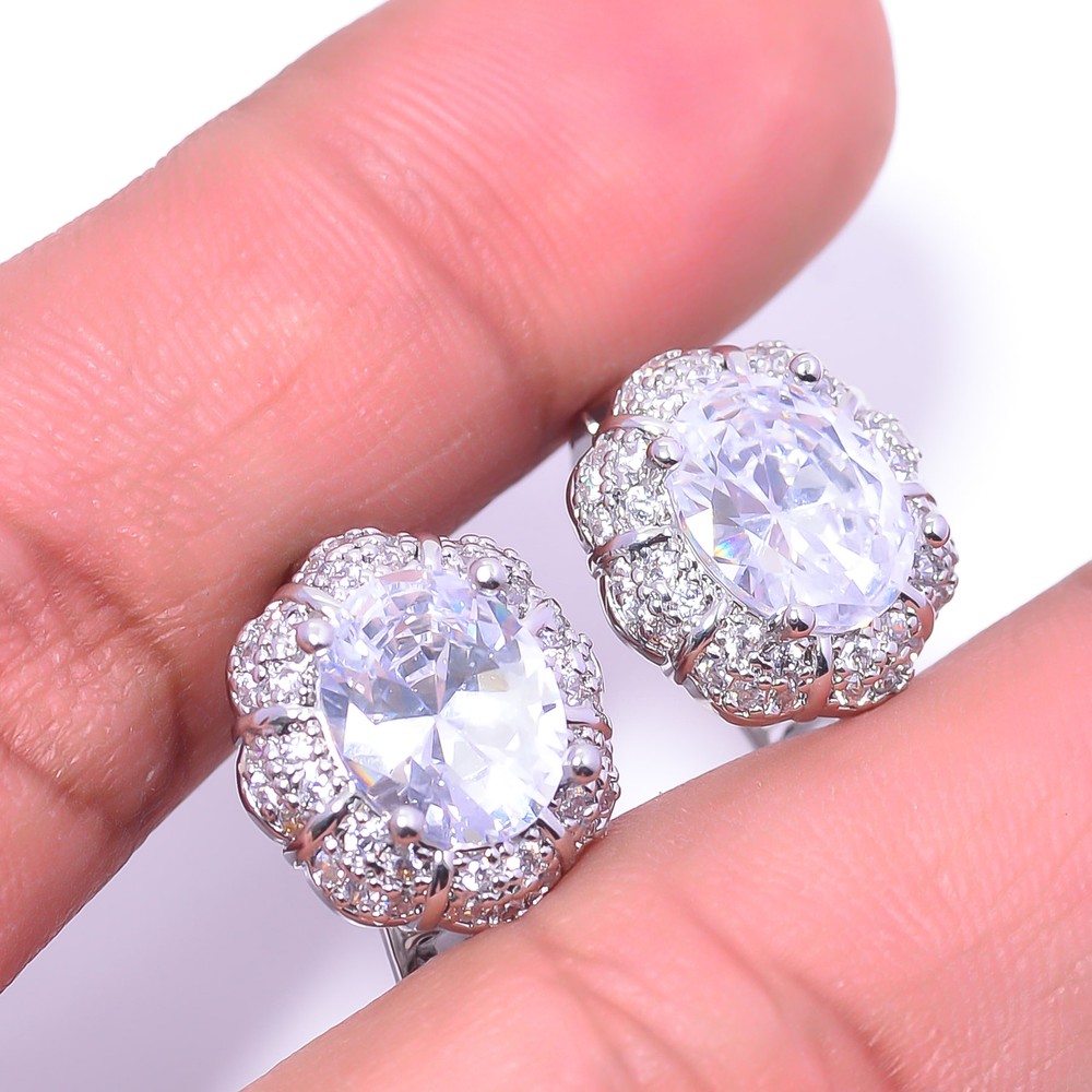 White Topaz and Cubic Zirconia Sterling Silver Handmade Earrings 0.59 Inch