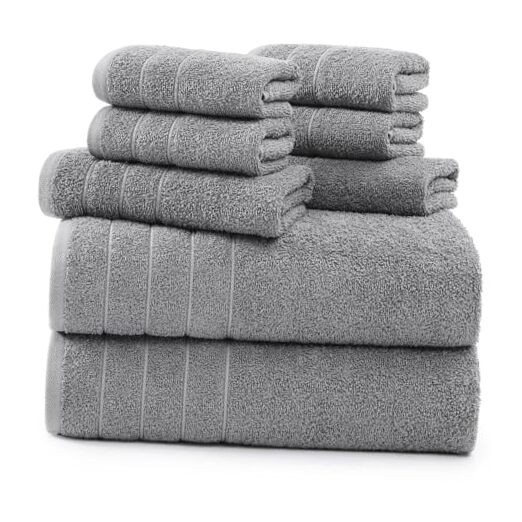 100% Cotton 8-Piece Bath Towel Set in Ultimate Grey - Soft & Absorbent Ring Collection