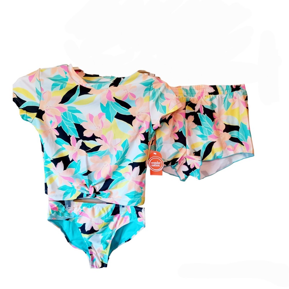 Wonder Nation 3 Pc Rash Guard Swim Set-10/12 Plus-T-Shirt-Cover Up Shorts-Bikini