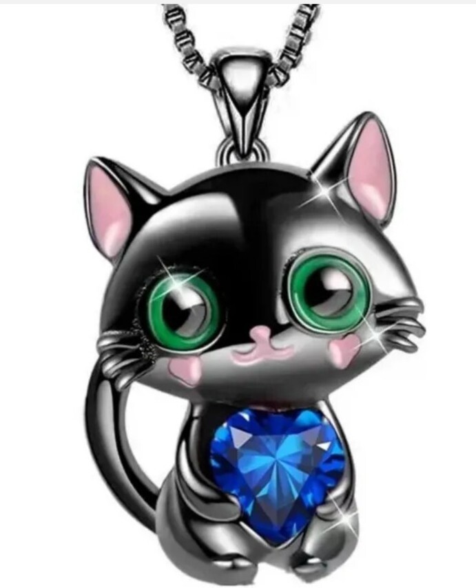 Cute Black & Blue Crystal Cat Animal Necklace Xmas Birthday Gift For Wife Women