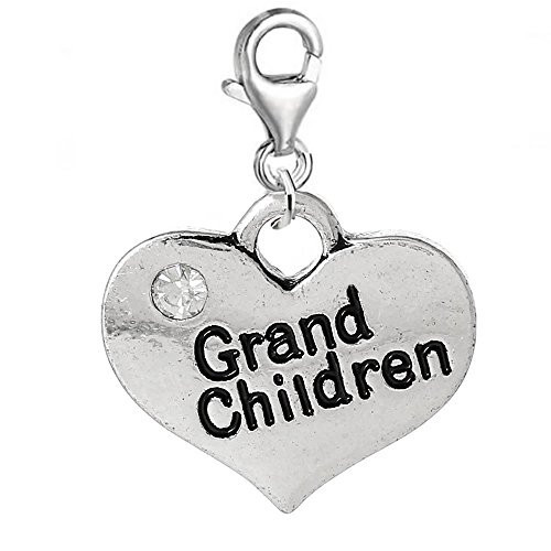 Heart 2 Sided w/ Clear  Crystal Stones Grand Children Charm Clip On Pendant w/ L