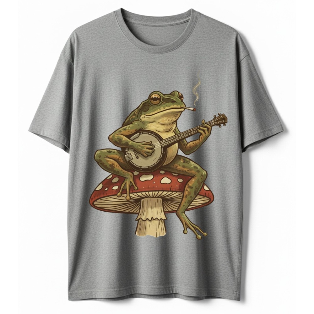 Frog Playing Banjo T-Shirt Smoking on Mushroom Funny Cottagecore Goblincore Tee