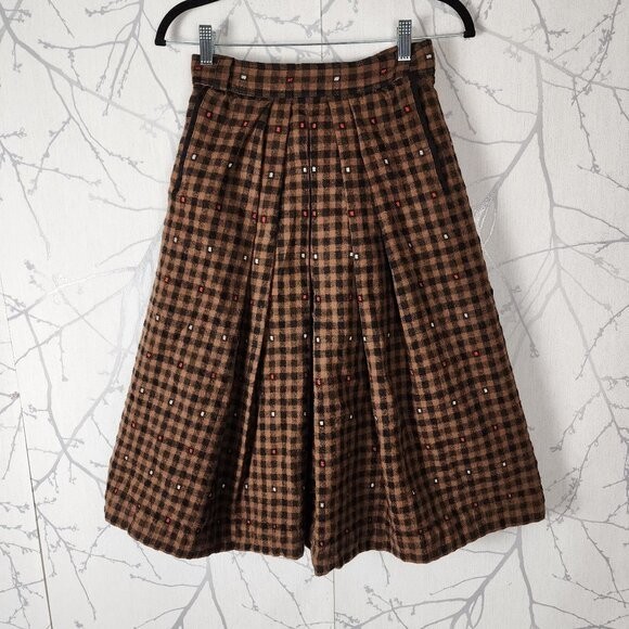 Issel VTG Brown Wool Geometric Checks Pleated Flowy Midi Skirt | Women's 8