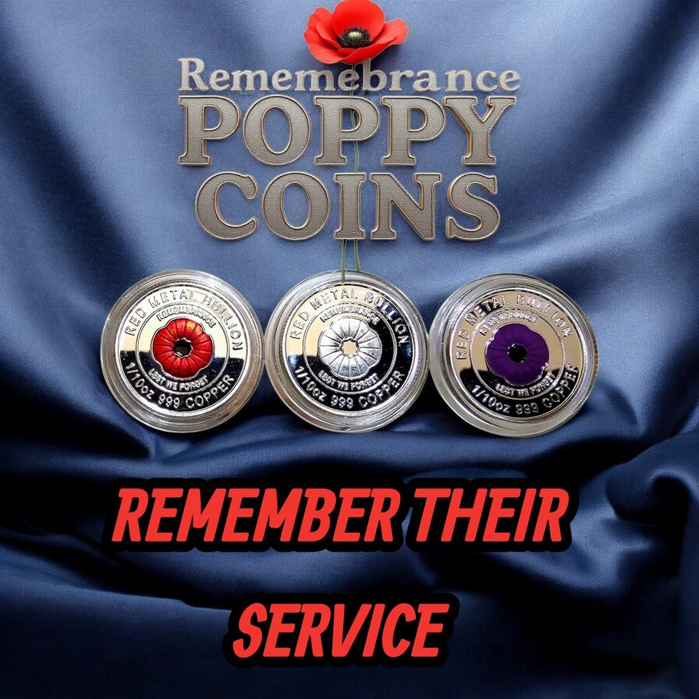 ×3 Red Purple Silver Anzac Remembrance Poppy Coins Silver Finish Rare Collect