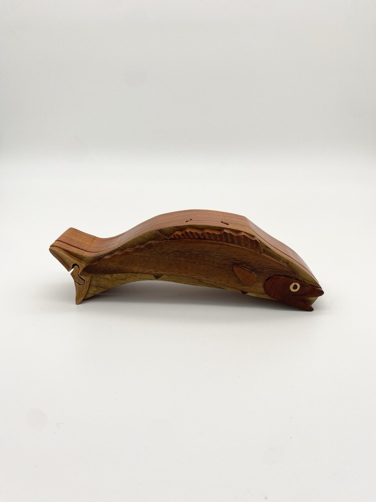 Vintage Hand Carved Wood Fish Puzzle Trinket Box