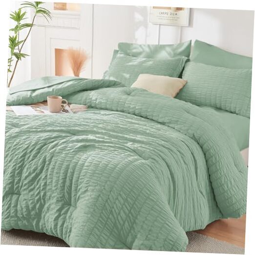 Sage Green King Size Comforter Set Seersucker 7 Pieces, All Season Luxury Bed