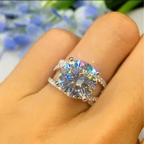 Certified Natural 10ct VS1 Round White Diamond 925 Sterling Silver Ring for Gift