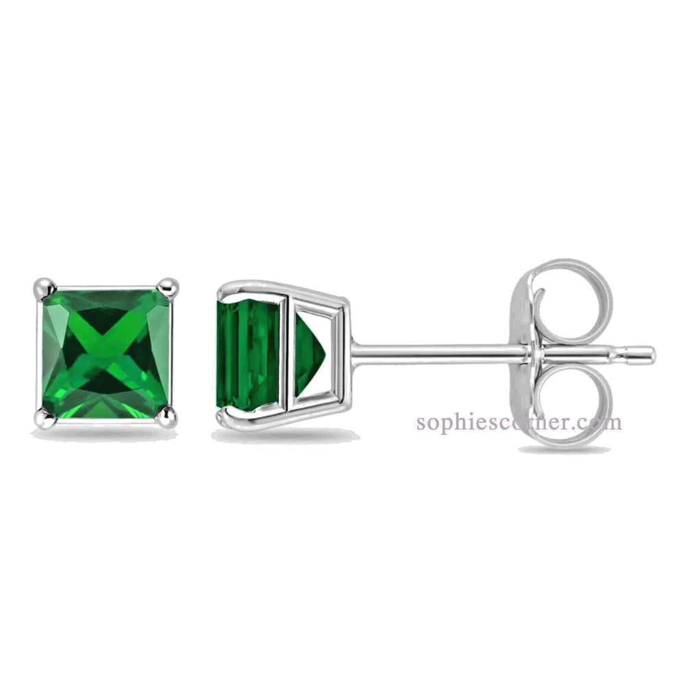 1 ct. Genuine Emerald Princess Stud Earrings in Solid Sterling Silver