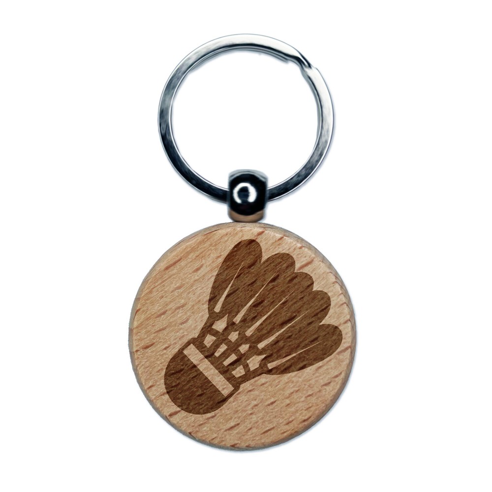 Badminton Shuttlecock Birdy Engraved Wood Round Keychain Tag Charm