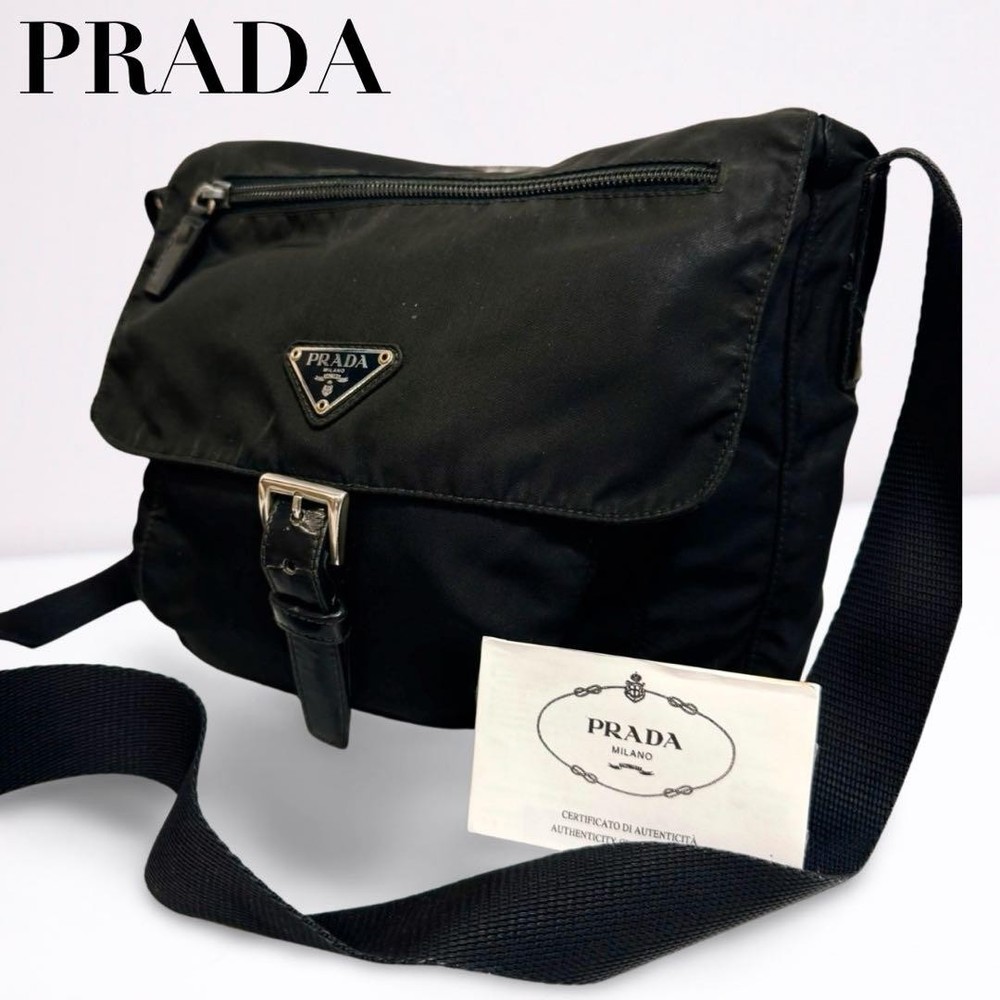 Prada Black Nylon Shoulder Bag with Triangle Logo Unisex Pre-Owned