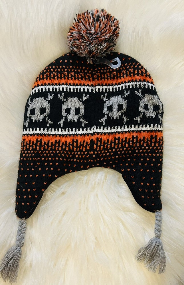 Boys Orange Black Skull Crossbones Peruvian Hat with Pom Pom NWT OS