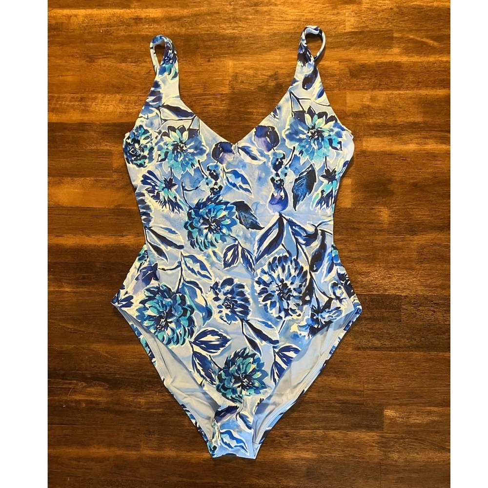 Andie Swim Women's Medium Baia One Piece Bathing Suit Padded Blue Floral Printed