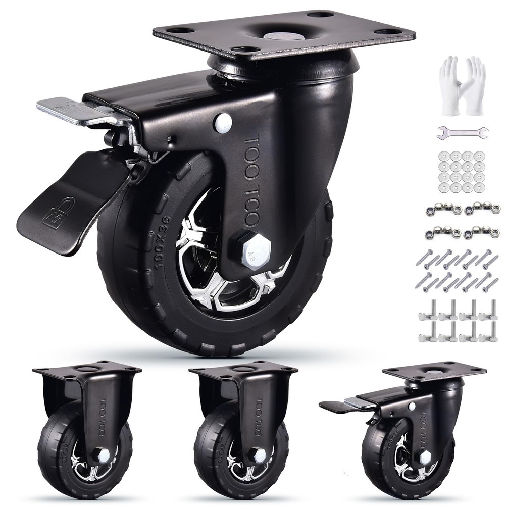Heavy Duty 4 Inch Caster Wheels Set of 4 2200Lbs Capacity Silent Swivel with ...