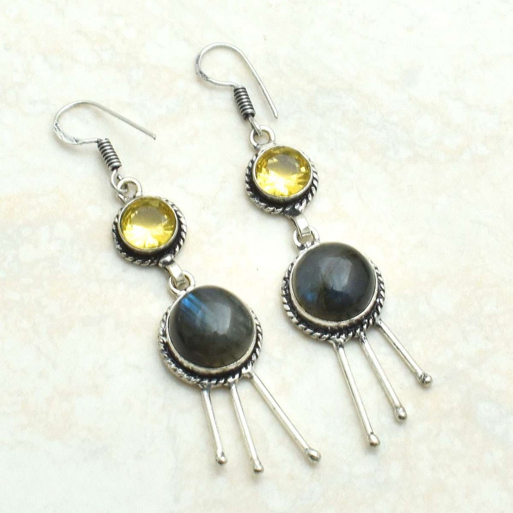 Labradorite Citrine Gemstone Handmade Drop Dangle Earrings 2.48