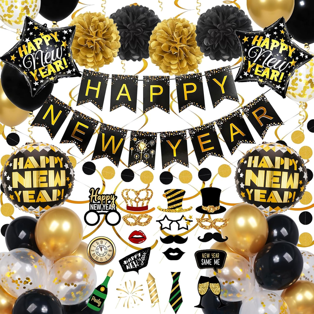 2026 New Years Decorations, Happy New Years Banner and Black Gold Balloons Set,