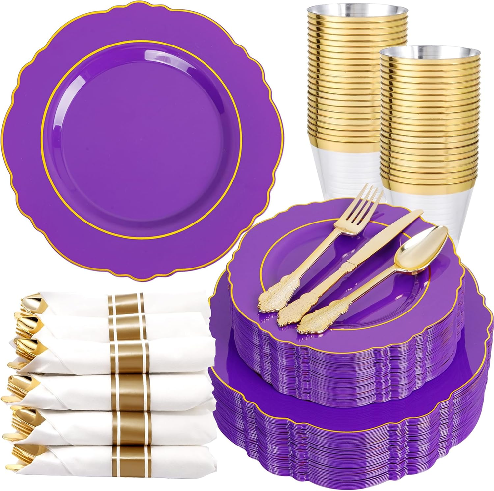 350PCS Purple Plastic Plates-Disposable Purple and Gold Plates 50 Guest Baroque