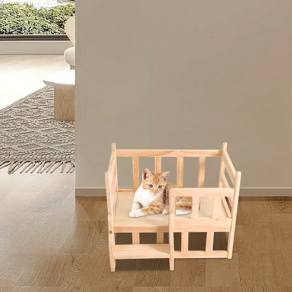Elevated Solid Pine Wood Dog Bed Frame for Pets with Fence