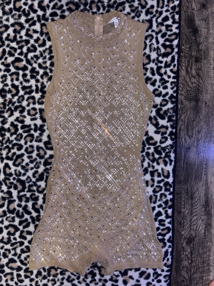 Beige Sequin Sleeveless Mock Neck Romper Zip Party Cocktail Women's One-Piece