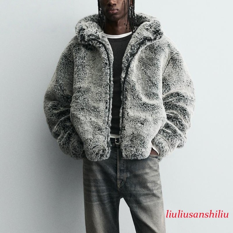 Hooded Faux Fur Jacket Men Winter Warm Fur Thicken Coat Casual short Outwear New