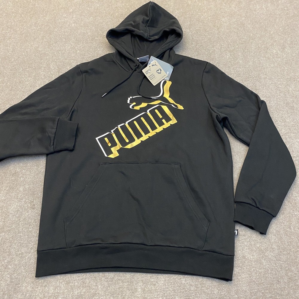 PUMA Hoodie Sweatshirt Mens Medium Essentials Big Logo Foil Black Gold