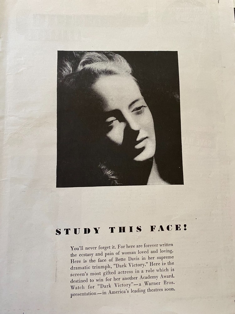 Dark Victory, Bette Davis, Full Page Vintage Promotional Ad