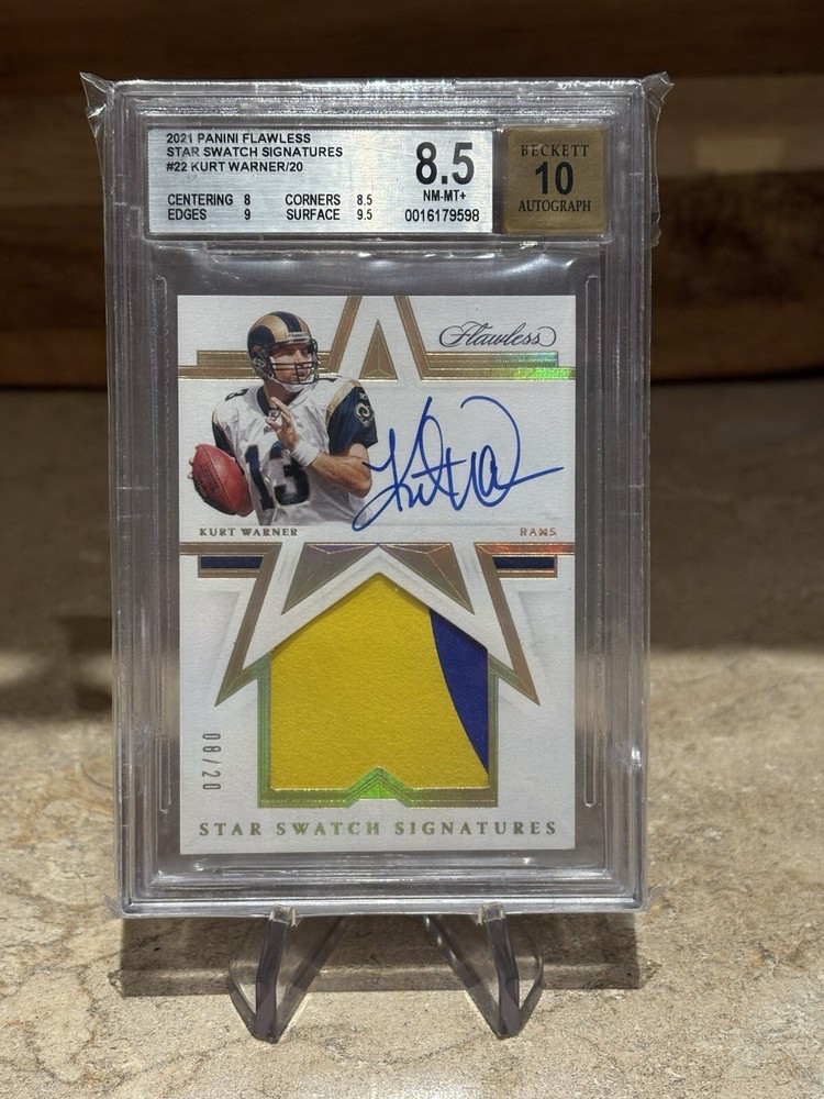Kurt Warner 2021 Game Worn Patch Auto Flawless /20 BGS 8.5 Auto 10