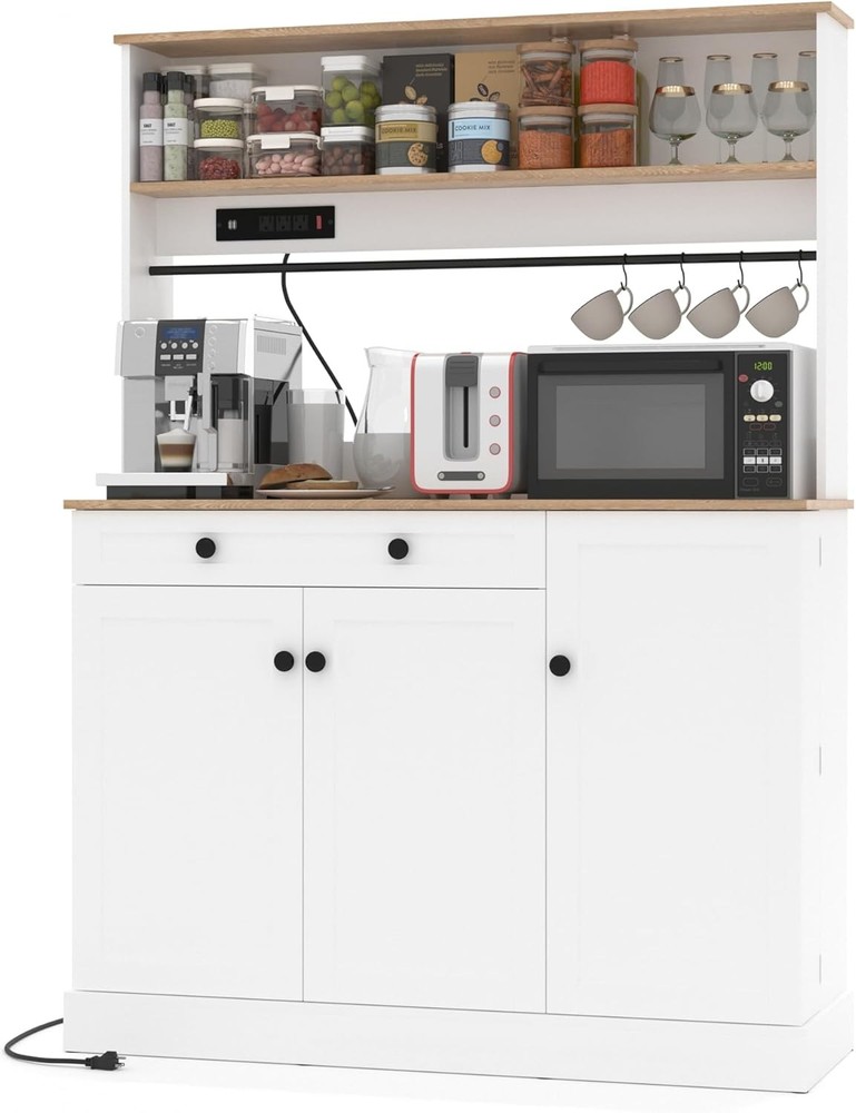 Farmhouse pantry cabinet with power outlets for kitchen storage  
